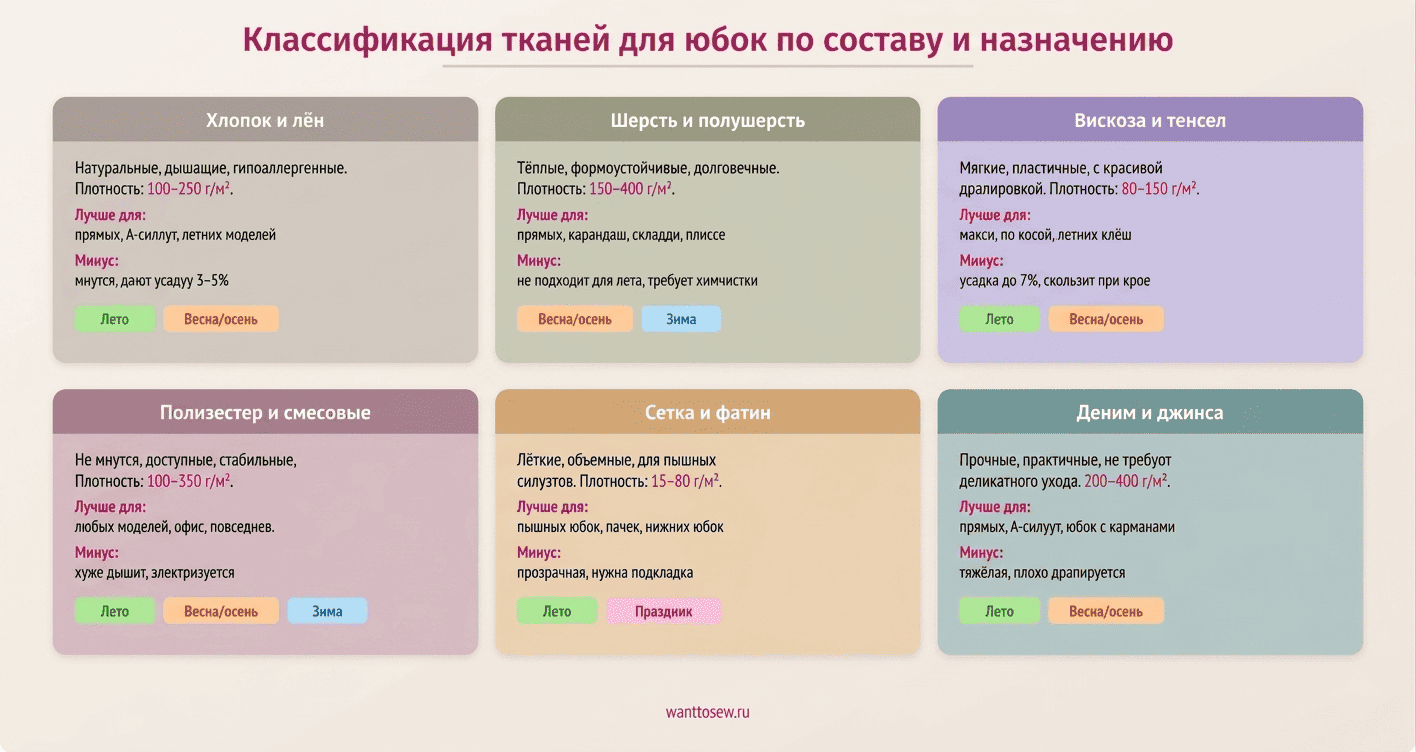 Шесть основных групп тканей для пошива юбок: свойства, подходящие модели и сезонность